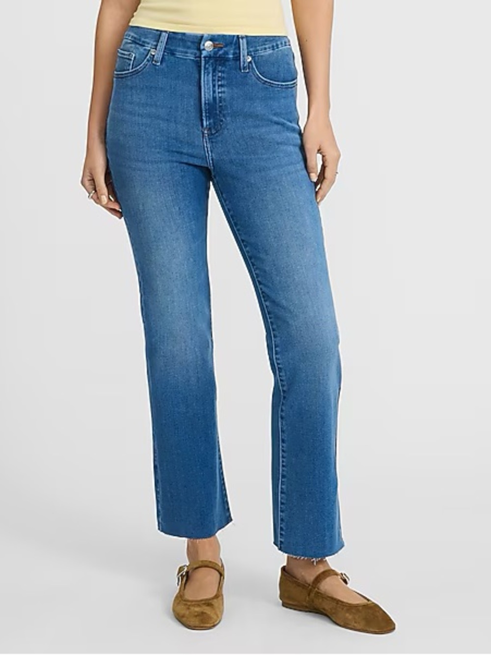 Express Women Size 2R Blue Denim Stretch Raw Hem High Rise Cropped Flare Jeans